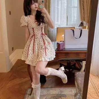 Женское платье с бантом и цветочным принтом, облегающее платье с бантом и оборками, милое платье с цветочным принтом на шнуровке для вечеринки XL