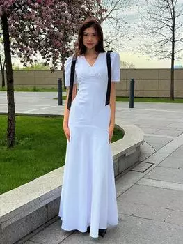 Женское платье с бантом в стиле пэчворк, V-образным вырезом и коротким рукавом, летняя вечеринка, женский длинный халат S белый