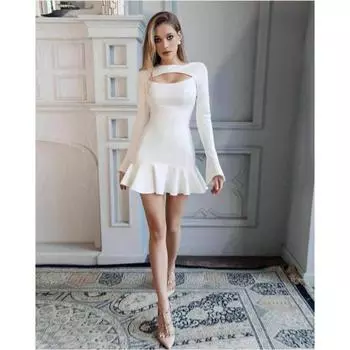 Женское платье с баской и вырезом, сексуальное, утягивающее, с длинными рукавами S белый