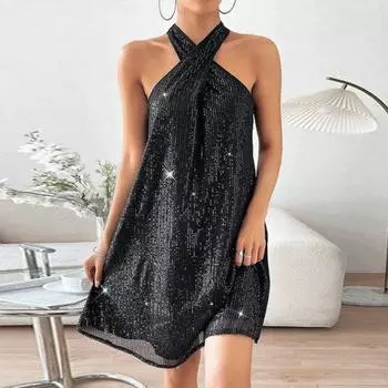 Женское платье с блестящими блестками с открытыми плечами без рукавов с перекрестной лямкой на шее, свободное трапециевидное платье со свободным подолом, однотонное мини-платье, вечернее платье для выпускного вечера 2XL чёрный