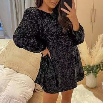 Женское платье с блестящими пайетками и круглым вырезом, свободное с длинным рукавом, большим бантом на спине, сверкающий пуловер длиной выше колена, женское мини-платье на весну и осень S белый