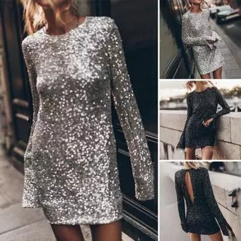 Женское платье с блестящими пайетками и открытой спиной с длинным рукавом, свободное мягкое, с круглым вырезом, с разрезом на манжетах, индивидуальная уличная одежда, клубное вечерние танцевальное мини-платье 3XL серебряный