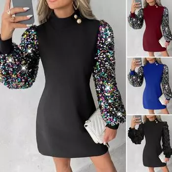 Женское платье с блестящими пайетками и длинными рукавами-футляром размера плюс с узкой талией и воротником до половины высоты, сексуальный декор на пуговицах, пэчворк, мягкий верх 2XL чёрный