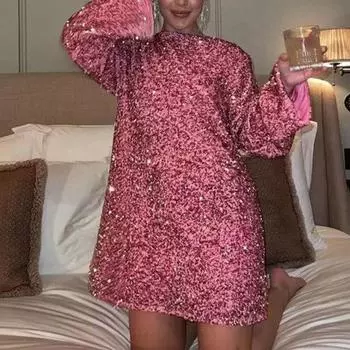 Женское платье с блестящими пайетками и круглым вырезом, свободное с длинным рукавом, большим бантом на спине, сверкающий пуловер длиной выше колена, женское мини-платье на весну и осень XL белый