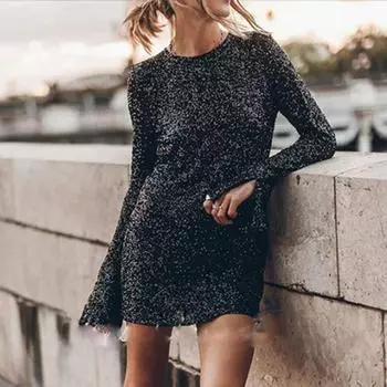 Женское платье с блестящими пайетками и открытой спиной с длинным рукавом, свободное мягкое, с круглым вырезом, с разрезом на манжетах, индивидуальная уличная одежда, клубное вечерние танцевальное мини-платье 3XL серебряный