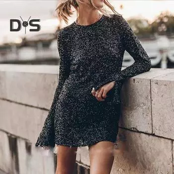 Женское платье с блестящими пайетками и открытой спиной с длинным рукавом, свободное мягкое, с круглым вырезом, с разрезом на манжетах, индивидуальная уличная одежда, клубное вечерние танцевальное мини-платье 3XL серебряный