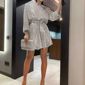 Женское платье с блестящими пайетками, круглым вырезом и длинными рукавами, на шнуровке, с узкой талией, сверкающее мягкое мини-платье длиной выше колена для клубной вечеринки S