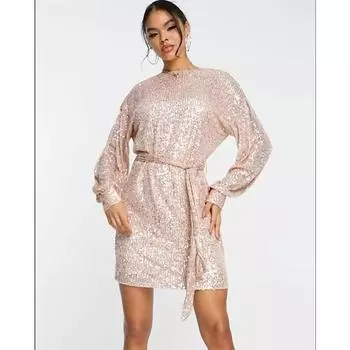 Женское платье с блестящими пайетками, круглым вырезом и длинными рукавами, на шнуровке, с узкой талией, сверкающее мягкое мини-платье длиной выше колена для клубной вечеринки S розовый