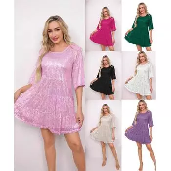 Женское платье с блестящими пайетками, круглым вырезом и длинными рукавами, на шнуровке, с узкой талией, сверкающее мягкое мини-платье длиной выше колена для клубной вечеринки S чёрный