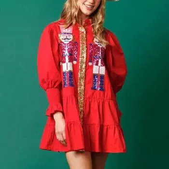 Женское платье с блестящими пайетками в стиле пэчворк, трапециевидной формы с длинными рукавами и лацканами с мультяшным рисунком, свободное платье длиной до колена, новогоднее вечерние, рождественское мини-платье S зелёный