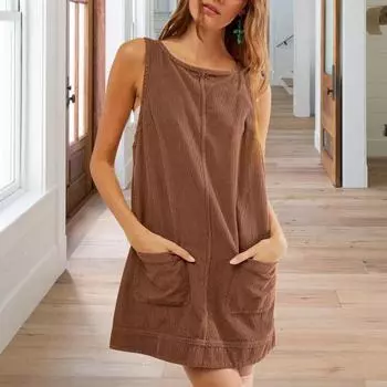 Женское платье с боковыми карманами, без рукавов, с открытой спиной, с круглым вырезом, свободное однотонное мини-платье, длиной выше колена, повседневное платье S серый