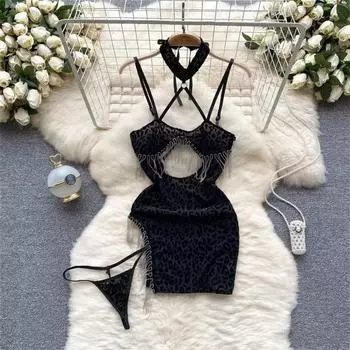 Женское платье с бретелькой через шею, разрезом по бокам, леопардовым принтом, металлическими кисточками, сексуальное, горячее, пижама, нижнее белье, тонкое, чувственное S