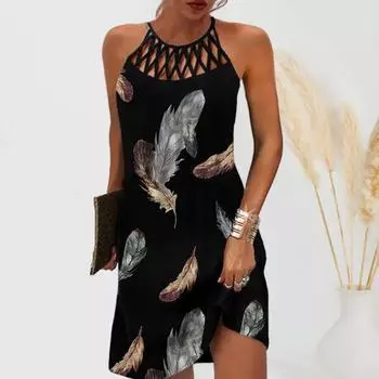 Женское платье с бретелькой на шее, с открытыми плечами, без рукавов, трапециевидной формы, с большими качелями, с принтом в этническом стиле, с открытой спиной длиной выше колена, женское мини-платье M
