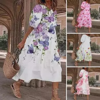 Женское платье с цифровым цветочным принтом и пузырьковым рукавом с круглым вырезом, свободная повседневная одежда длиной до середины икры XL розовый