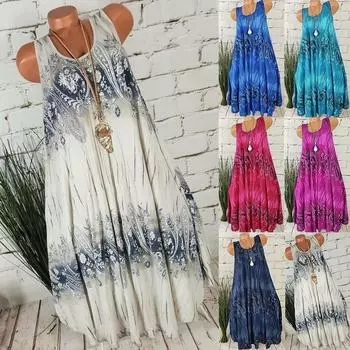 Женское платье с цифровым цветочным принтом и круглым вырезом без рукавов, мини-платье больших размеров S-5XL S сапфировый