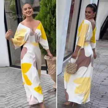 Женское платье с цветными блоками и принтом V-образным вырезом с высокой талией Рукава три четверти с открытыми плечами V-образная спина Свободный OL Стиль для поездок на работу Длина до щиколотки Леди Пром Макси 2XL абрикосовый