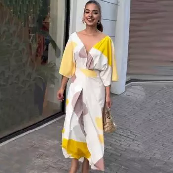 Женское платье с цветными блоками и V-образным вырезом с высокой талией и рукавами три четверти с открытыми плечами V-образной спиной 2XL абрикосовый