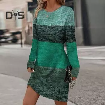 Женское платье с цветными блоками, круглым вырезом и длинным рукавом, свободный пуловер, повседневное элегантное мини-платье длиной выше колена 3XL синий