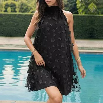 Женское платье с цветочной аппликацией, с открытыми плечами, без рукавов, с бретелькой на шее, однотонное, трапециевидное, свободное, двухслойное, для пляжной вечеринки, мини-платья S чёрный