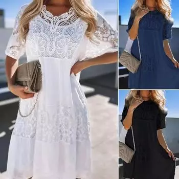 Женское платье с цветочной вышивкой и кружевом в стиле пэчворк с короткими рукавами и круглым вырезом, однотонное платье до колена в стиле пэчворк L белый