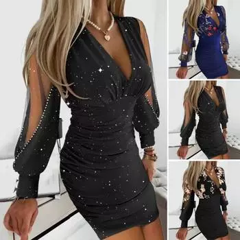 Женское платье с цветочной вышивкой, прозрачная сетка, аппликация, длинный рукав, низкий вырез, V-образный вырез, приталенный крой, узкая талия, плиссированное мини-платье для выпускного вечера M