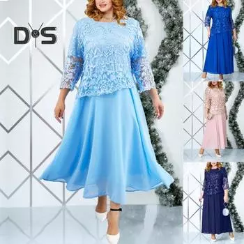 Женское платье с цветочной вышивкой, прозрачным кружевом, рукавом три четверти, круглым вырезом, имитацией двух частей, свободное, однотонное, большого размера, элегантное макси-платье L синий