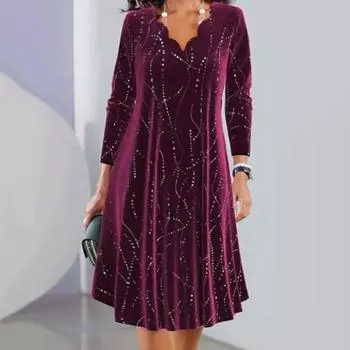 Женское платье с цветочным краем, V-образным вырезом и длинными рукавами, трапециевидной формы, свободный мягкий пуловер с пайетками, длиной до колена, для вечеринок, выпускного вечера, миди-платье L красный