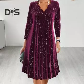 Женское платье с цветочным краем, V-образным вырезом, длинным рукавом, А-силуэта, свободный мягкий пуловер длиной до колена, платье для деловых встреч, выпускного вечера, миди L красный