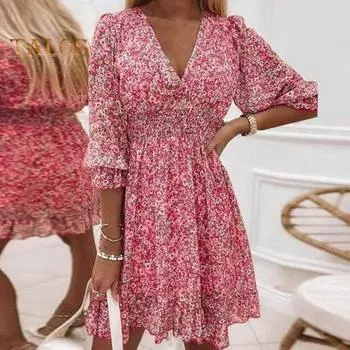 Женское платье с цветочным принтом, эластичная узкая талия, с половиной рукавом, рюшами и V-образным вырезом, трапециевидное богемное мини-платье для летнего пляжа и отдыха S жёлтый