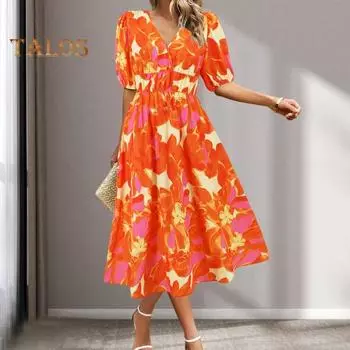 Женское платье с цветочным принтом, эластичная узкая талия, с коротким рукавом, V-образным вырезом, трапециевидной формы, большие качели, богемное летнее пляжное платье-миди длиной до середины икры для отдыха S синий