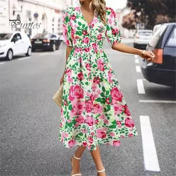 Женское платье с цветочным принтом, эластичная узкая талия, с коротким рукавом, V-образным вырезом, трапециевидной формы, большие качели, богемное летнее пляжное платье-миди длиной до середины икры для отдыха S синий