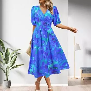 Женское платье с цветочным принтом, эластичная узкая талия, с коротким рукавом, V-образным вырезом, трапециевидной формы, большие качели, богемное летнее пляжное платье-миди длиной до середины икры для отдыха S синий