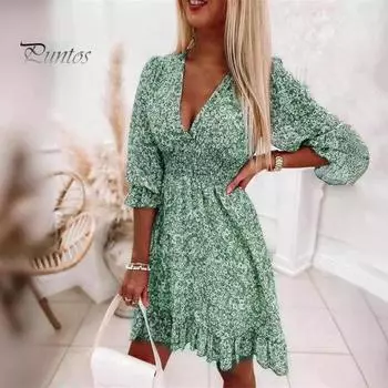 Женское платье с цветочным принтом, эластичная узкая талия, с половиной рукавом, рюшами и V-образным вырезом, трапециевидное богемное мини-платье для летнего пляжа и отдыха S жёлтый