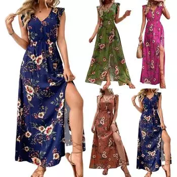 Женское платье с цветочным принтом, элегантное, с высокой талией, V-образным вырезом, разрезом на рукавах-крылышках, длинное платье L