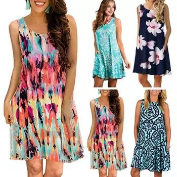 Женское платье с цветочным принтом без рукавов и круглым вырезом, свободное трапециевидное платье, мягкое, длиной выше колена, повседневное пляжное 3XL зелёный