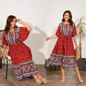 Женское платье с цветочным принтом, галстук с v-образным вырезом, короткие рукава с рюшами и завязкой на талии, длинное платье для работы, отпуска, пляжное платье макси, дышащее повседневное струящееся платье плюс L красный