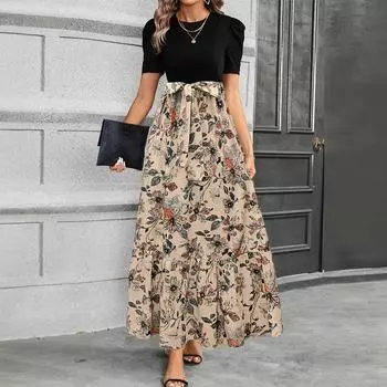 Женское платье с цветочным принтом и высокой талией, модное и элегантное L чёрный