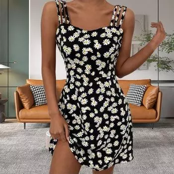 Женское платье с цветочным принтом и контрастным цветом, а-силуэта, с открытой спиной, без рукавов длиной выше колена, со свободным подолом и молнией сзади, женское пляжное платье XL чёрный