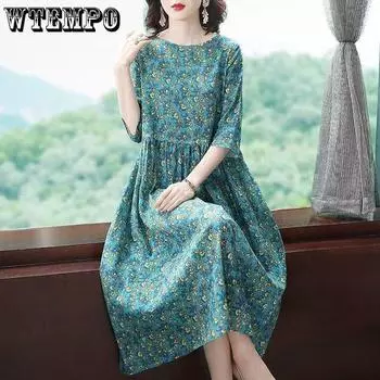 Женское платье с цветочным принтом и круглым вырезом, женские платья средней длины с цветочным принтом на молнии, макси-платья L синий