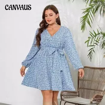 Женское платье с цветочным принтом и V-образным вырезом, платье больших размеров с длинными рукавами и поясом 1XL синий