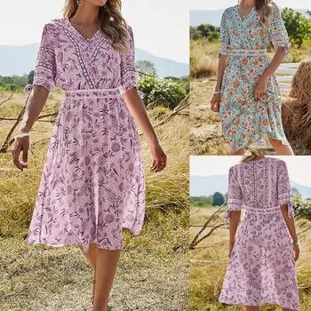 Женское платье с цветочным принтом и v-образным вырезом, модное праздничное платье с коротким рукавом