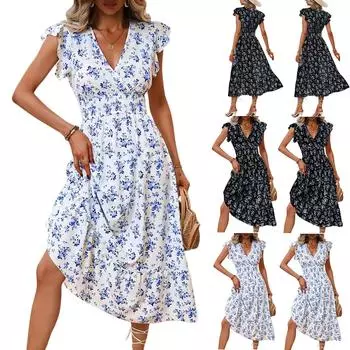 Женское платье с цветочным принтом и V-образным вырезом, длинная юбка с ярусами и заниженной талией L чёрный