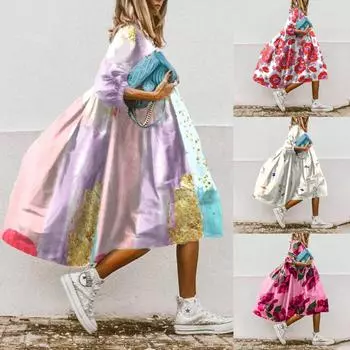 Женское платье с цветочным принтом и рукавами средней длины - европейский и американский модный дизайн XXXL