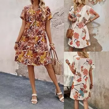 Женское платье с цветочным принтом и зубчатым воротником на весну и лето S кофейный