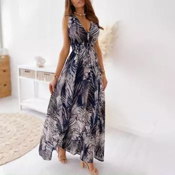 Женское платье с цветочным принтом и V-образным вырезом, летнее платье без рукавов с завязками на талии для пляжа L зелёный