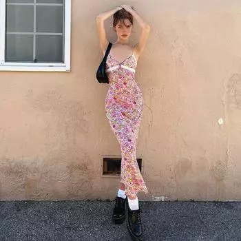 Женское платье с цветочным принтом и низкой талией, облегающее, повседневное, с кружевной кромкой, длинное S розовый