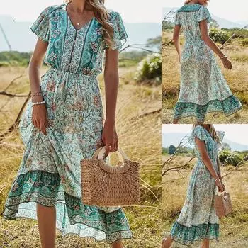 Женское платье с цветочным принтом и v-образным вырезом, модное праздничное платье с коротким рукавом