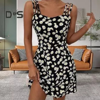 Женское платье с цветочным принтом, контрастного цвета, вырез А-силуэта, без рукавов, длина выше колена, свободный подол, молния сзади, женское пляжное платье 2XL чёрный