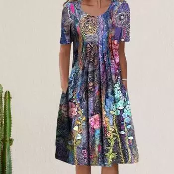 Женское платье с цветочным принтом, короткими рукавами, трапециевидной формы, большой подол, плиссированные, свободные боковые карманы, длина до колена, O 3XL красный