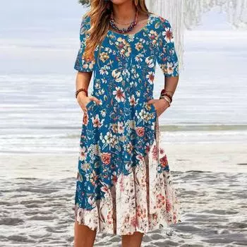 Женское платье с цветочным принтом, круглым вырезом, короткими рукавами, карманами трапециевидной формы, свободный подол длиной до середины икры, мягкое повседневное повседневное платье миди S белый